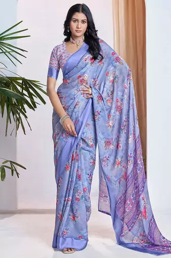 blue floral printed pure georgette ready to wear saree