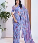 blue floral printed pure georgette ready to wear saree