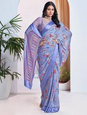 blue floral printed pure georgette ready to wear saree 2