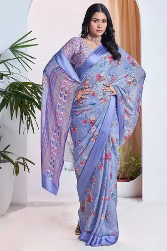 blue floral printed pure georgette ready to wear saree