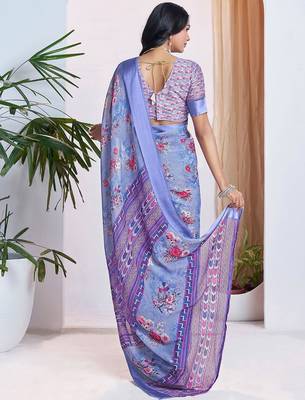 blue floral printed pure georgette ready to wear saree 3