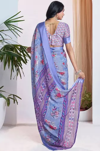 blue floral printed pure georgette ready to wear saree