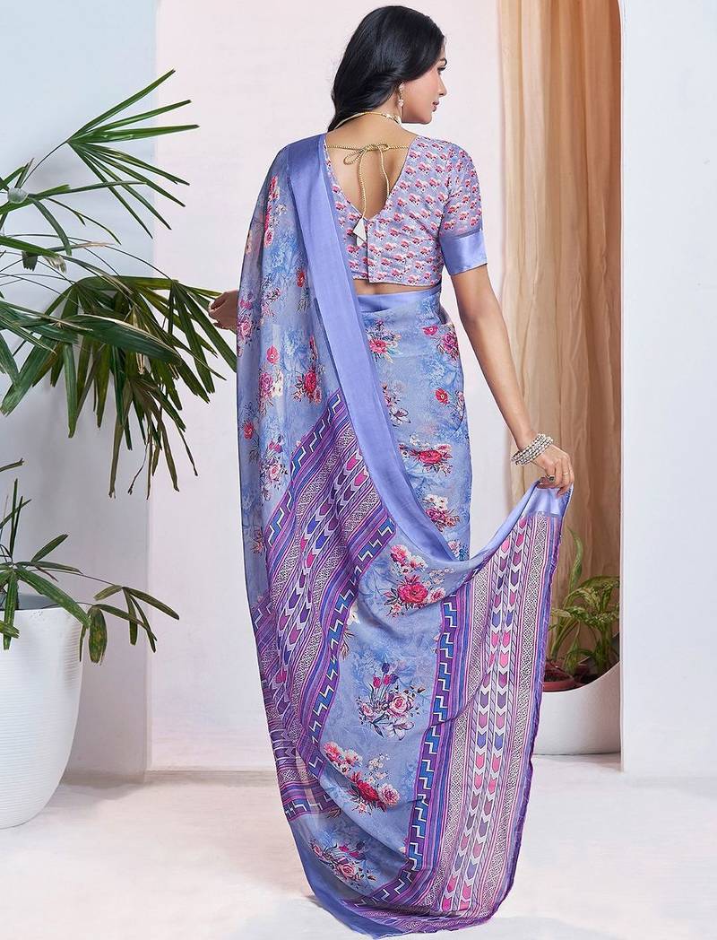 blue floral printed pure georgette ready to wear saree
