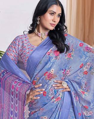 blue floral printed pure georgette ready to wear saree 4