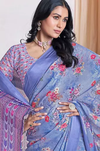 blue floral printed pure georgette ready to wear saree