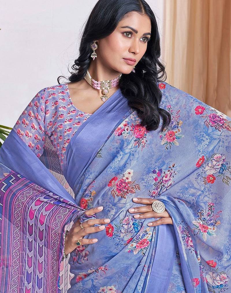 blue floral printed pure georgette ready to wear saree