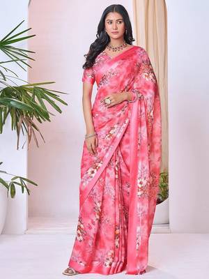 pink floral pure georgette ready to wear saree 1