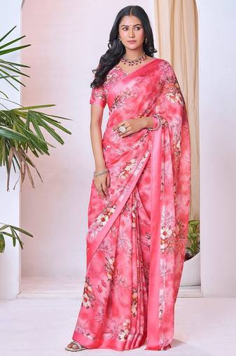 pink floral pure georgette ready to wear saree