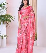 pink floral pure georgette ready to wear saree
