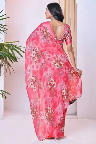 pink floral pure georgette ready to wear saree