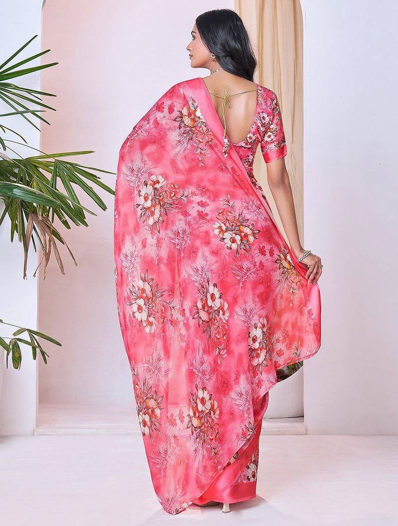 pink floral pure georgette ready to wear saree