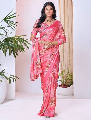 pink floral pure georgette ready to wear saree 3