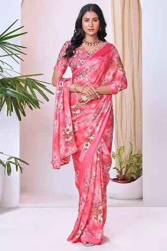 pink floral pure georgette ready to wear saree