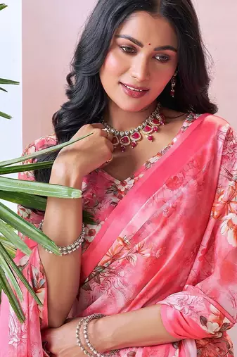 pink floral pure georgette ready to wear saree