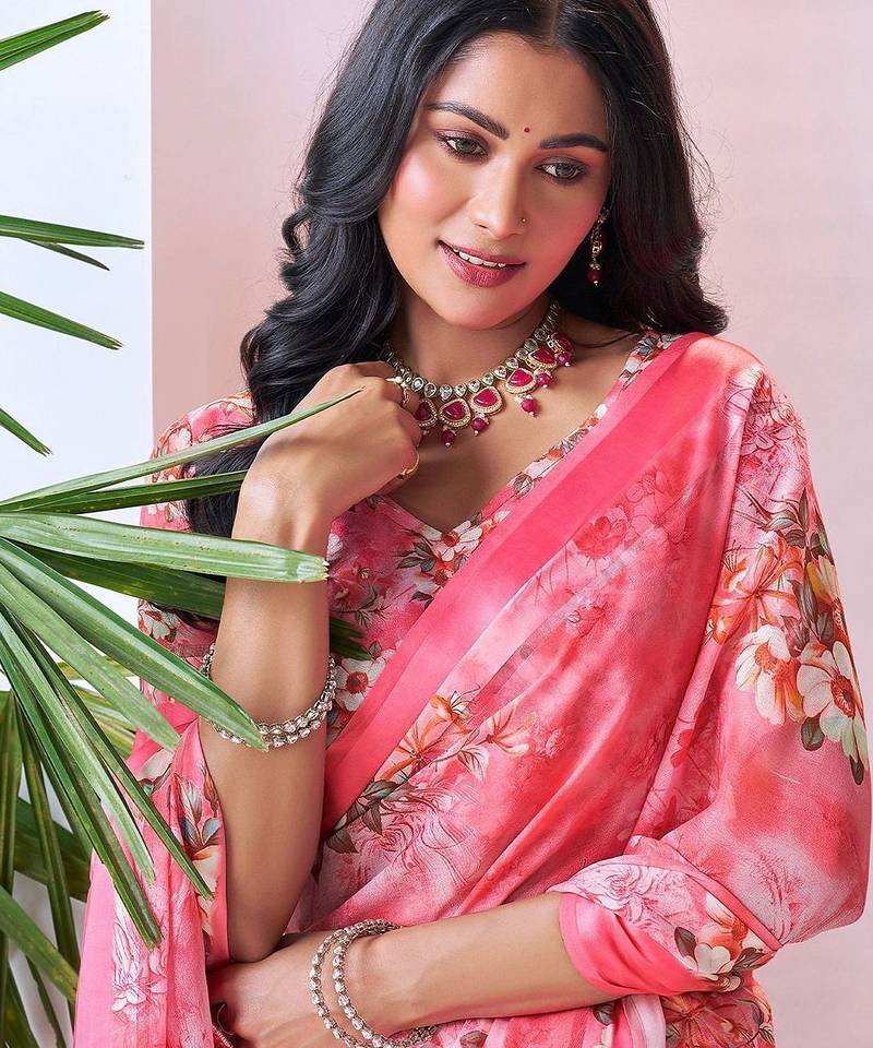 pink floral pure georgette ready to wear saree
