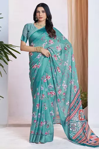 blue floral printed pure georgette ready to wear saree