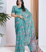 blue floral printed pure georgette ready to wear saree