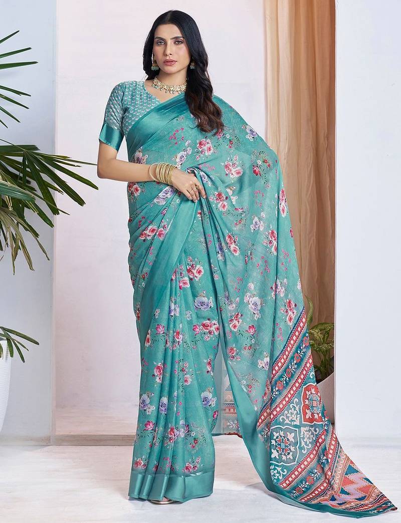 blue floral printed pure georgette ready to wear saree