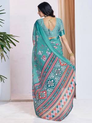 blue floral printed pure georgette ready to wear saree 2