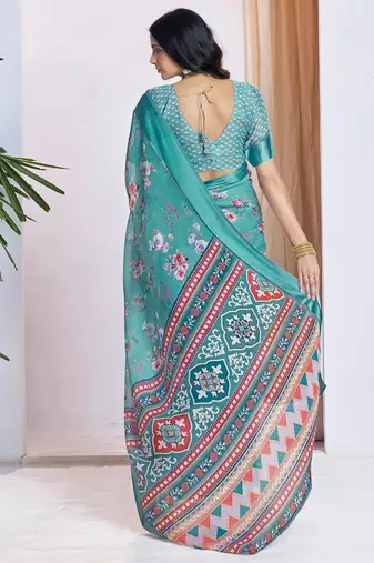 blue floral printed pure georgette ready to wear saree