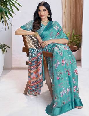blue floral printed pure georgette ready to wear saree 3