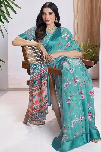 blue floral printed pure georgette ready to wear saree