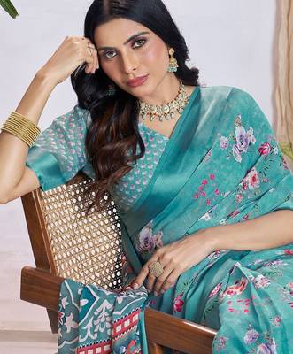 blue floral printed pure georgette ready to wear saree 4
