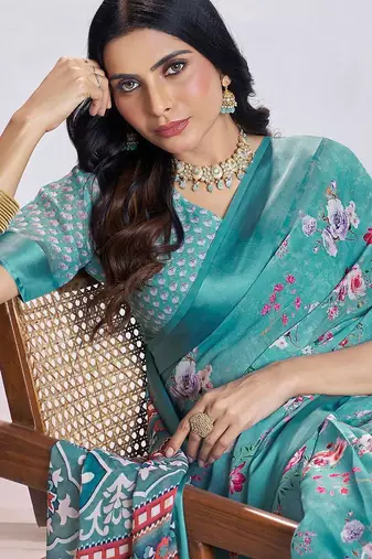 blue floral printed pure georgette ready to wear saree