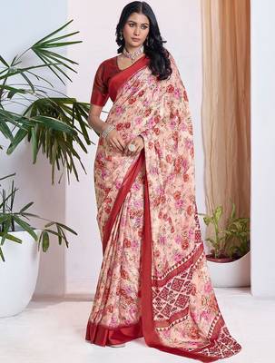 maroon floral printed pure georgette ready to wear saree 1