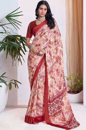 maroon floral printed pure georgette ready to wear saree