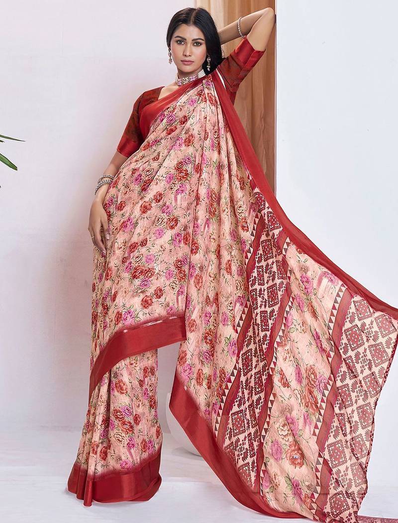 maroon floral printed pure georgette ready to wear saree