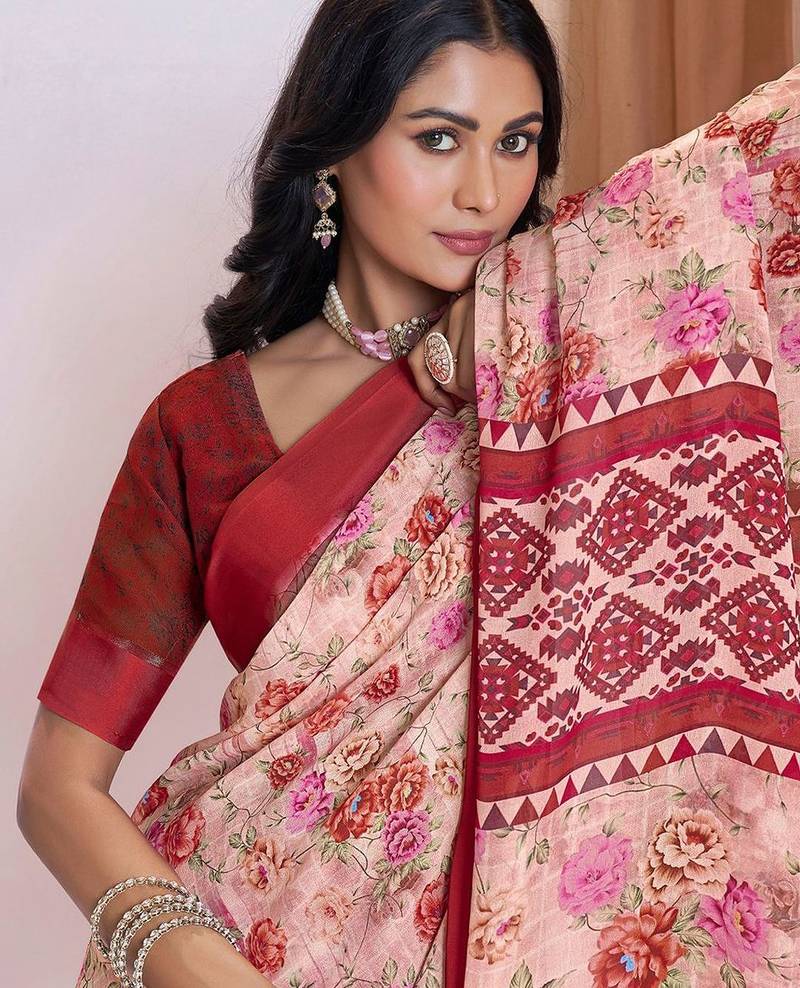 maroon floral printed pure georgette ready to wear saree