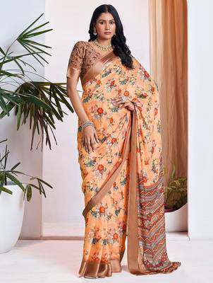 orange floral printed pure georgette ready to wear saree 1