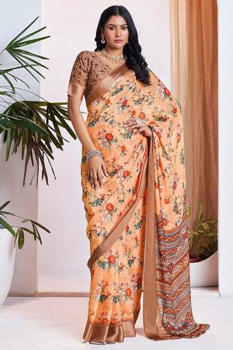 orange floral printed pure georgette ready to wear saree