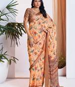 orange floral printed pure georgette ready to wear saree