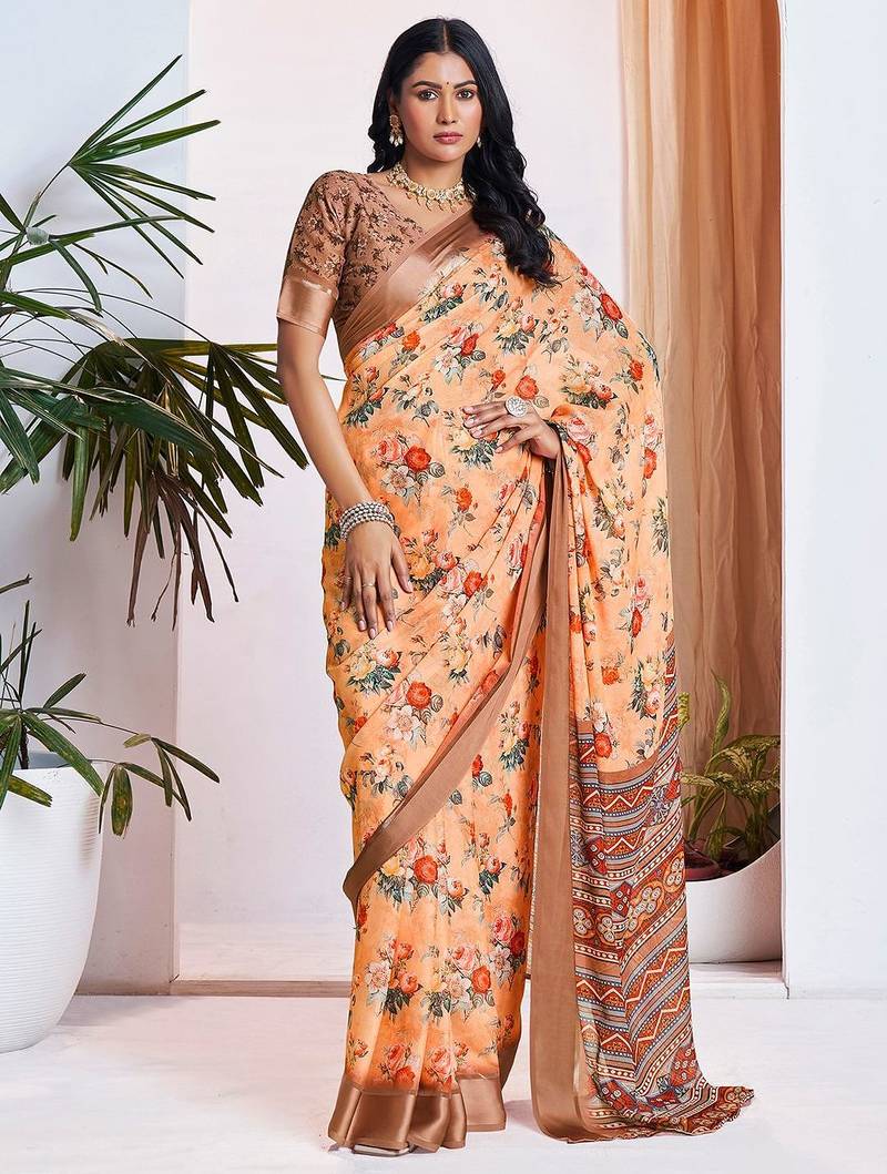orange floral printed pure georgette ready to wear saree