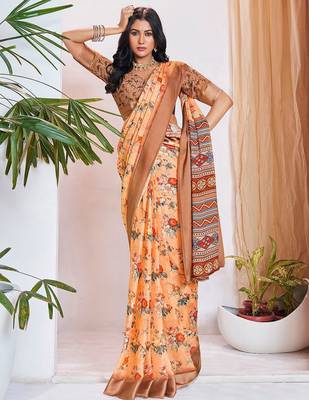 orange floral printed pure georgette ready to wear saree 2