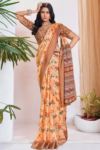 orange floral printed pure georgette ready to wear saree