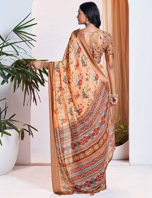 orange floral printed pure georgette ready to wear saree 3