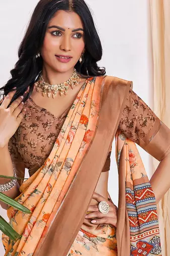 orange floral printed pure georgette ready to wear saree