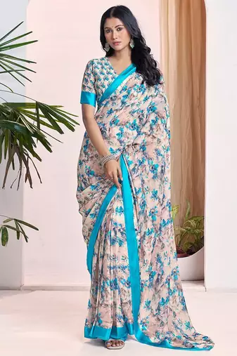 off_white floral pure georgette ready to wear saree