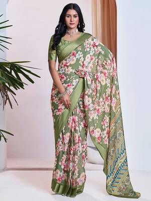 green floral printed pure georgette ready to wear saree 1