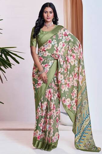 green floral printed pure georgette ready to wear saree