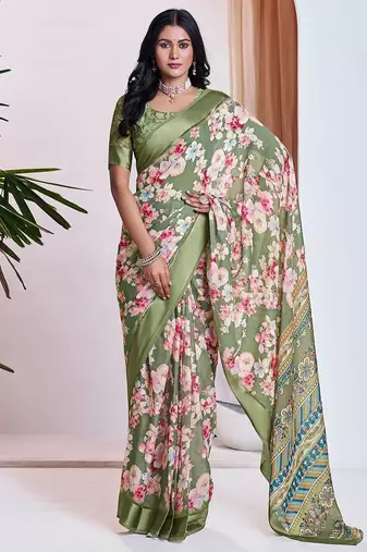 green floral printed pure georgette ready to wear saree
