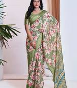 green floral printed pure georgette ready to wear saree