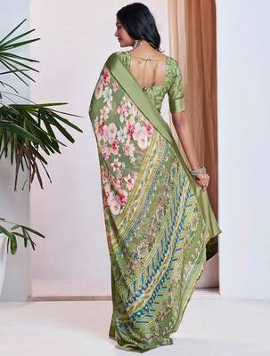 green floral printed pure georgette ready to wear saree 2