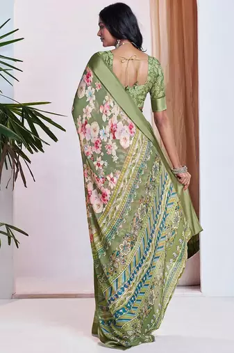 green floral printed pure georgette ready to wear saree