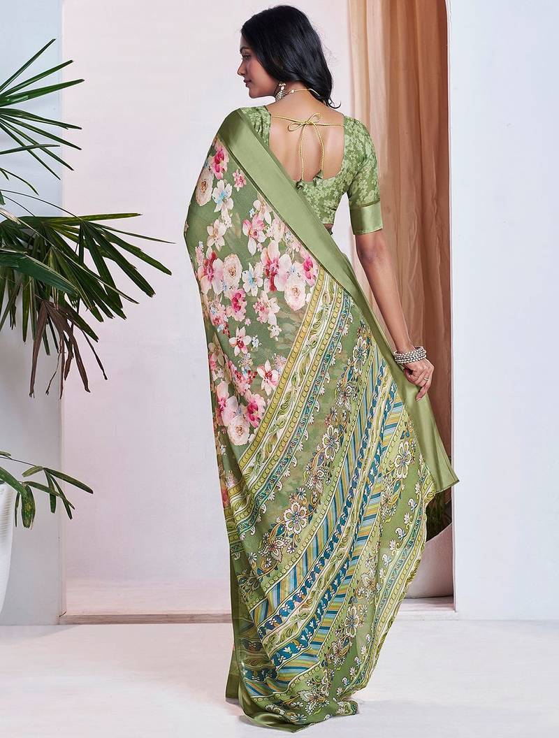 green floral printed pure georgette ready to wear saree