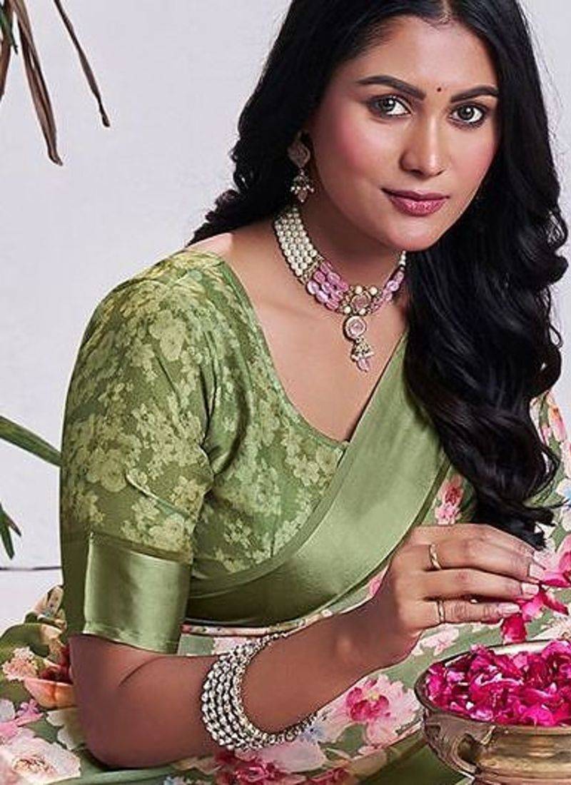 green floral printed pure georgette ready to wear saree