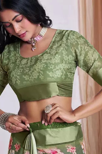 green floral printed pure georgette ready to wear saree